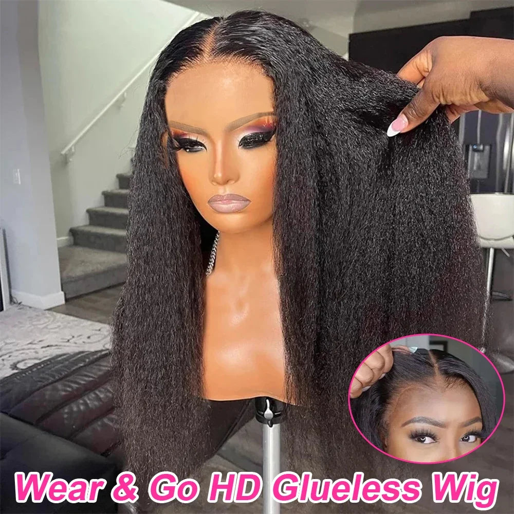 Kinky Straight Glueless Wig Ready To Wear And Go Hd Yaki Straight Lace Front Human Hair