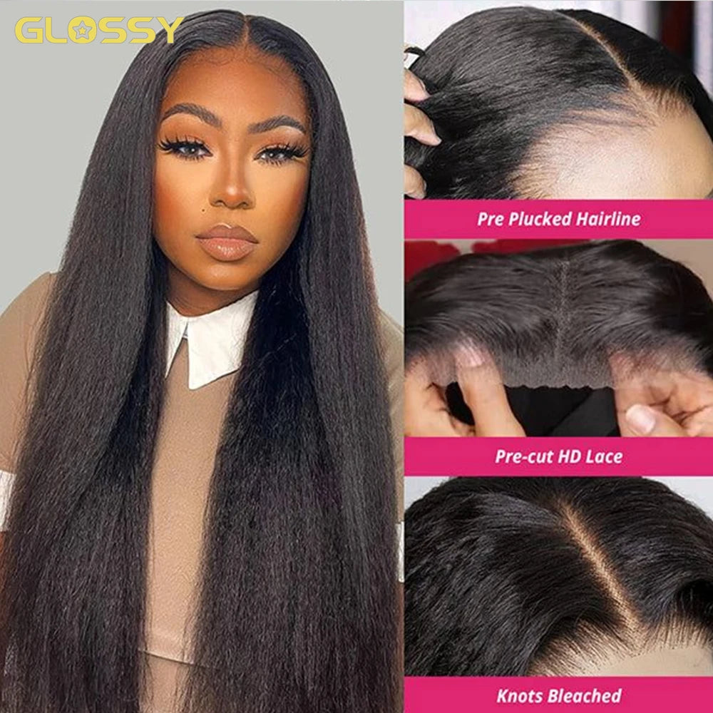 Kinky Straight Glueless Wig Ready To Wear And Go Hd Yaki Straight Lace Front Human Hair