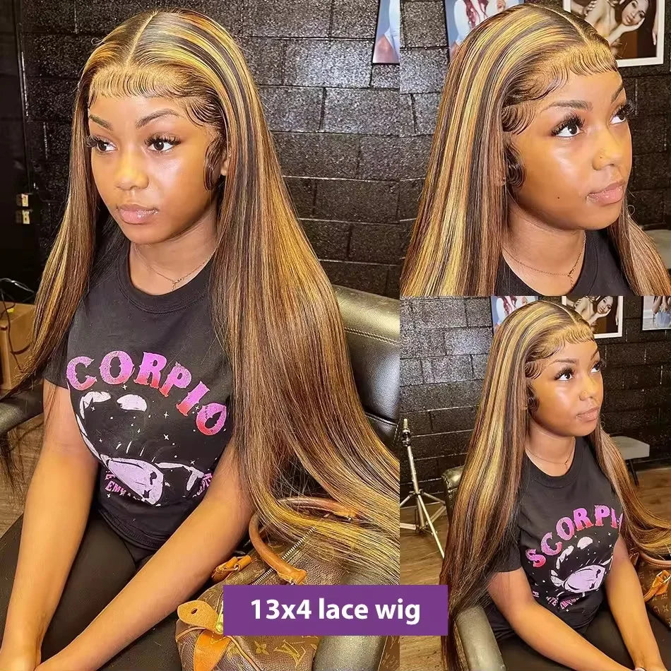 Highlight Wig Human Hair Lace Front Wig Bone Straight 3