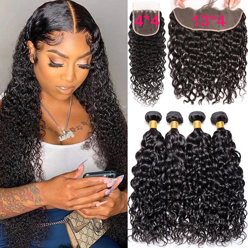 Water Wave Bundles With Frontal Virgin Curly Loose Deep Wave 100% Human Hair Bundles With Closure Peruvian Hair