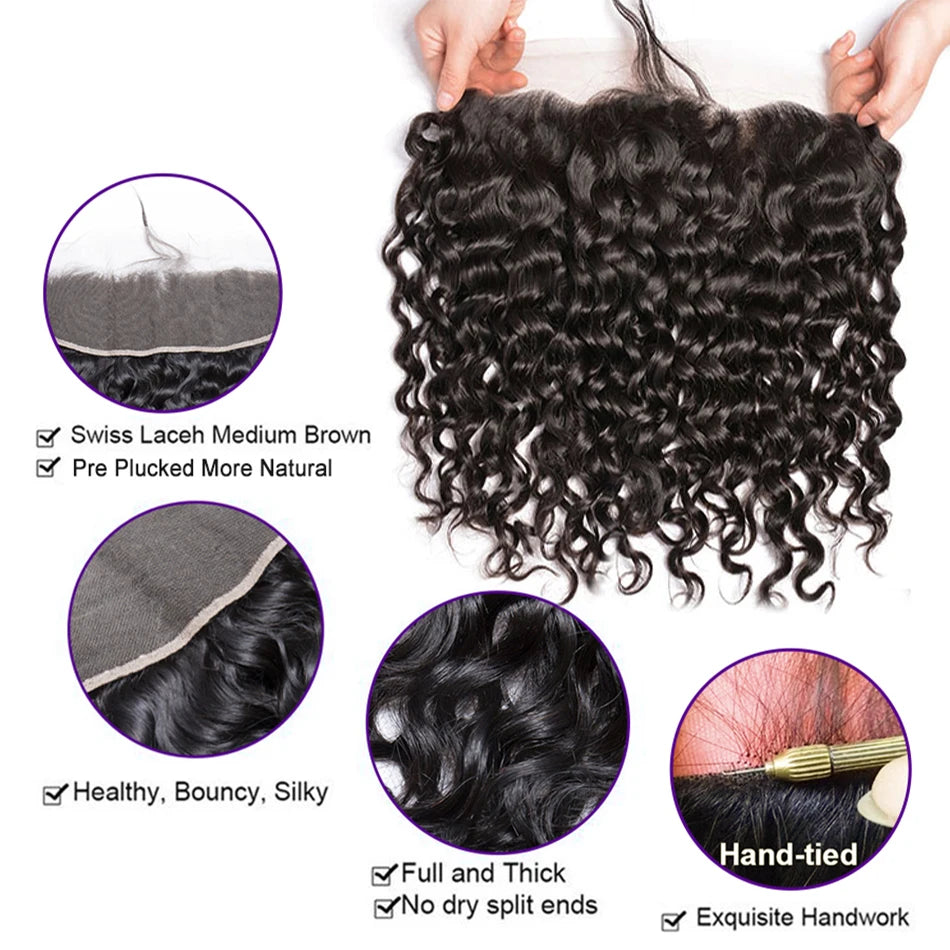 Water Wave Bundles With Frontal Virgin Curly Loose Deep Wave 100% Human Hair Bundles With Closure Peruvian Hair